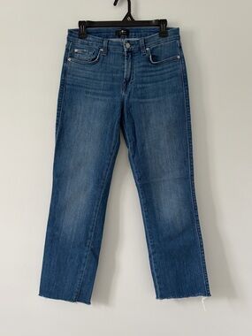 7 For All Mankind Dark Wash Denim Mid Rise Straight Leg Crop Raw Hem Jeans 30